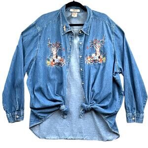 VTG 90s Shirt 26W Denim Embroiderd Granny Teacher Fall Pumpkin Bear Cat Novelty